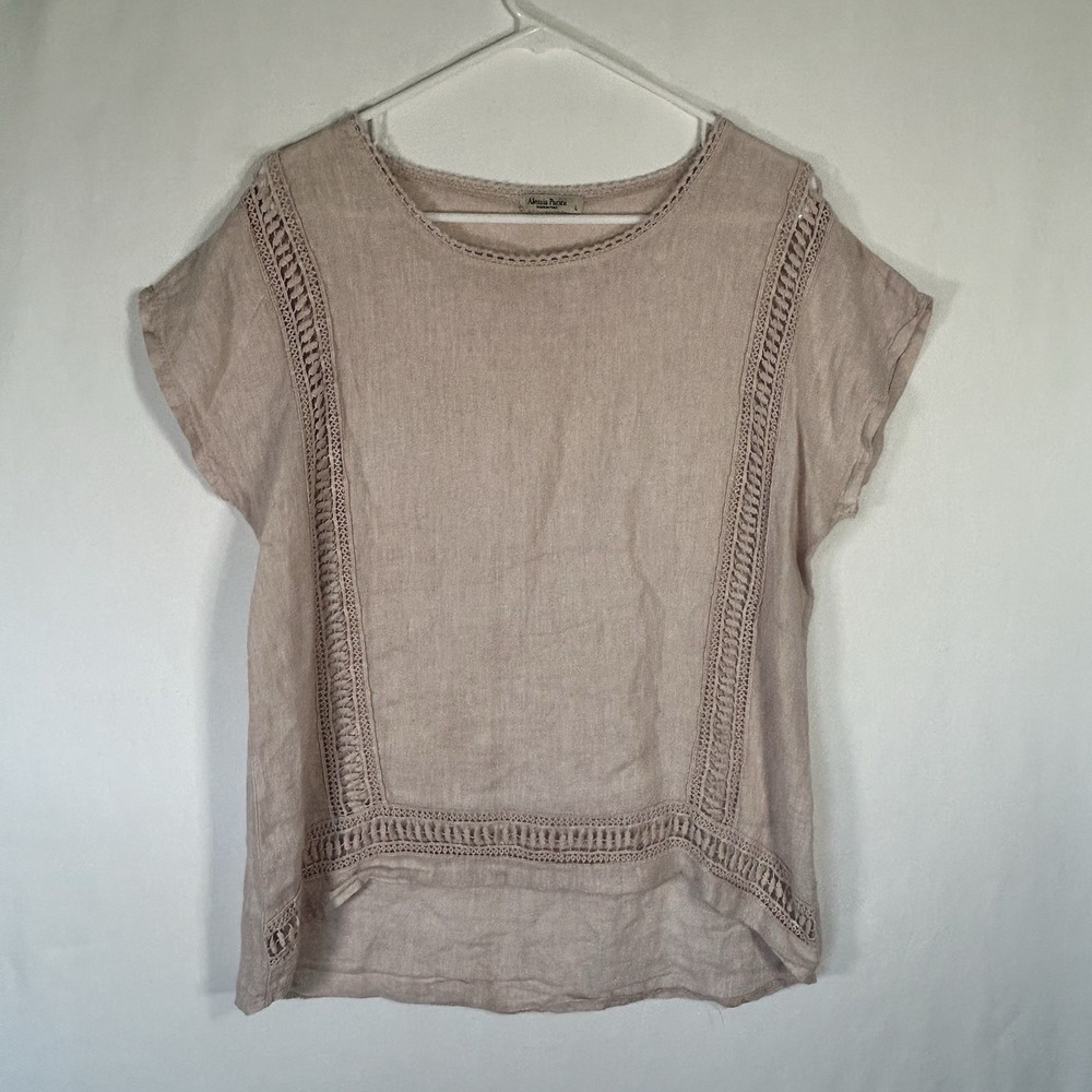 Alessia Pacini Italy Linen Blouse Lace Crochet Trim Top Pink Tan Boho Large